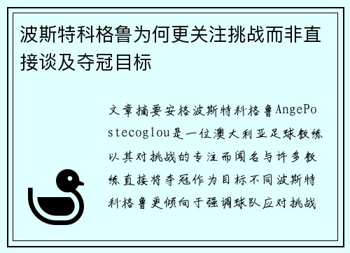 波斯特科格鲁为何更关注挑战而非直接谈及夺冠目标