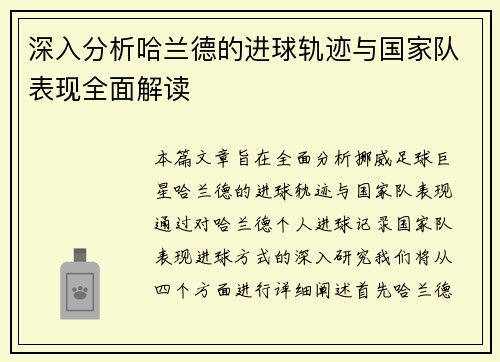 深入分析哈兰德的进球轨迹与国家队表现全面解读